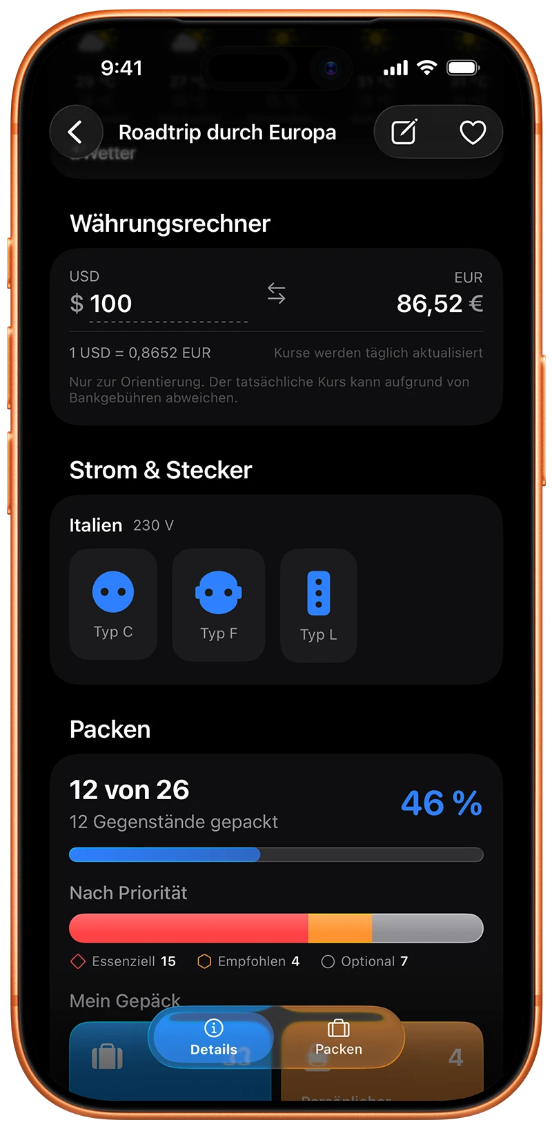 Reisedetails mit Zielort-Infos