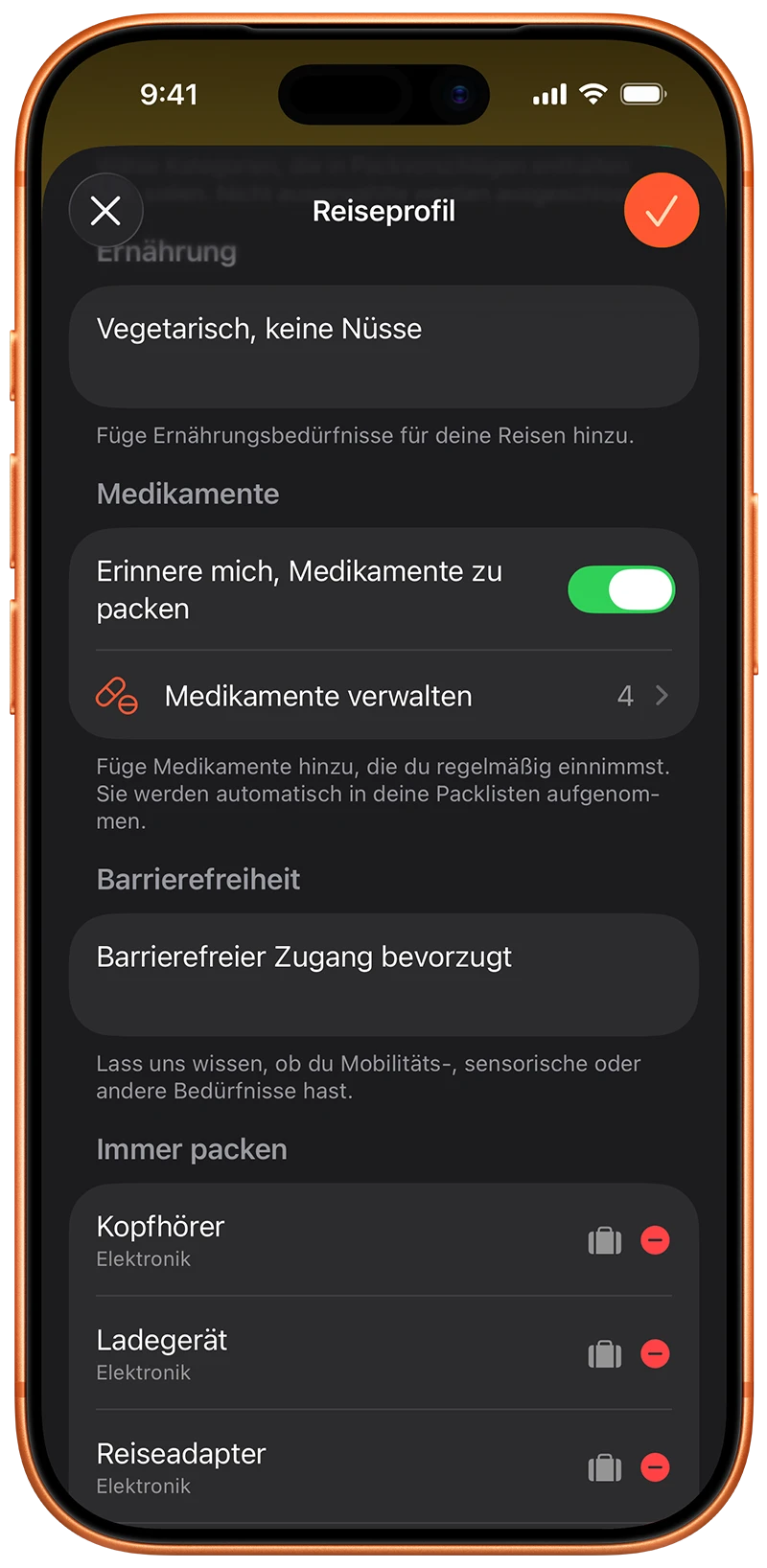 Reiseprofil mit Medikamenten