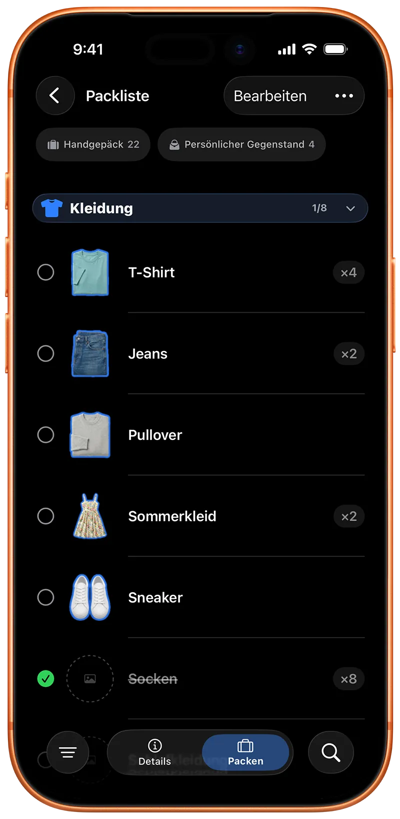 Packliste mit Foto-Stickern echter Gegenstände